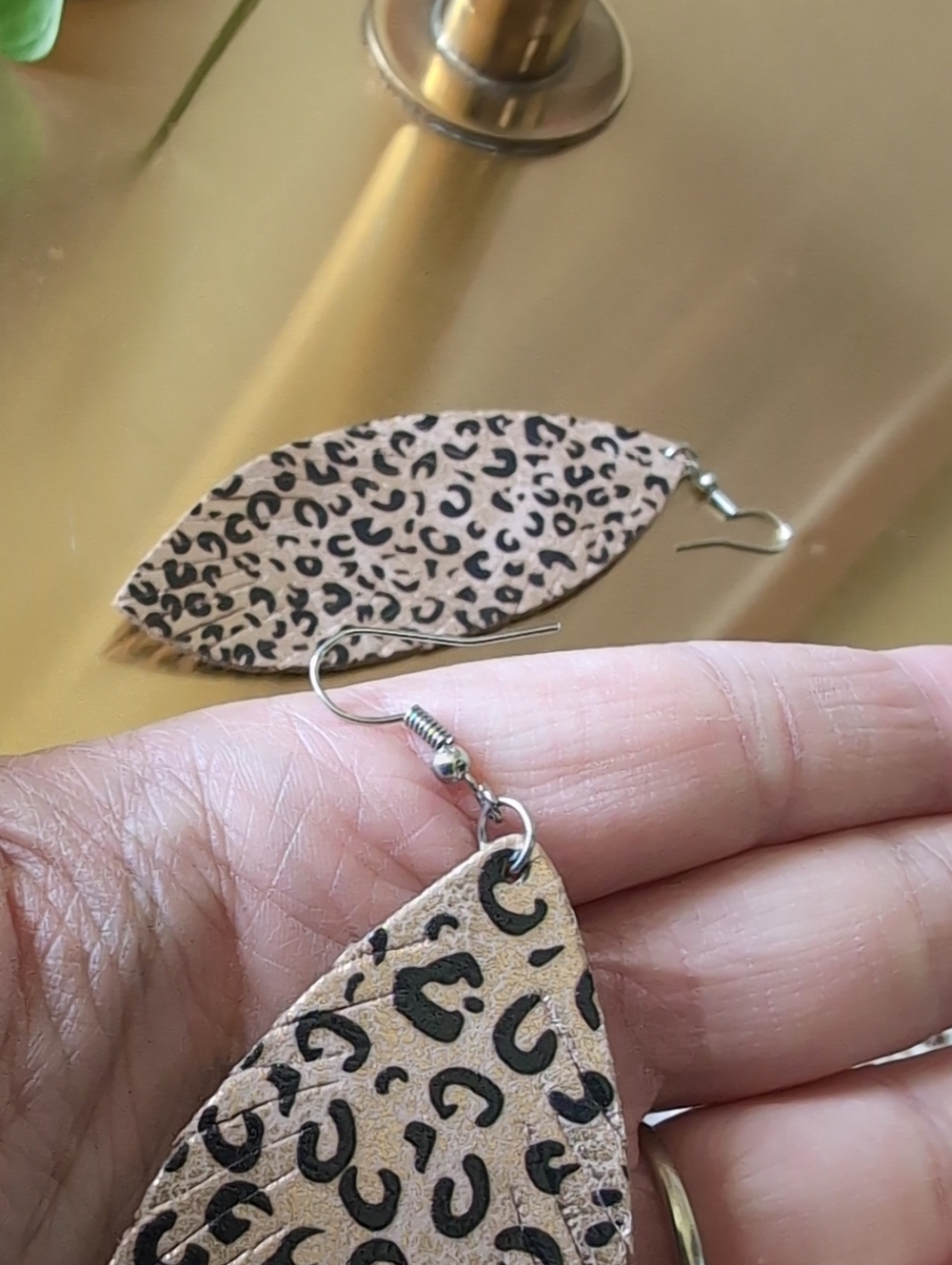 Faux Leather Metallic Black and Tan Animal Print Feather Drop Earrings - Picture 7 of 7